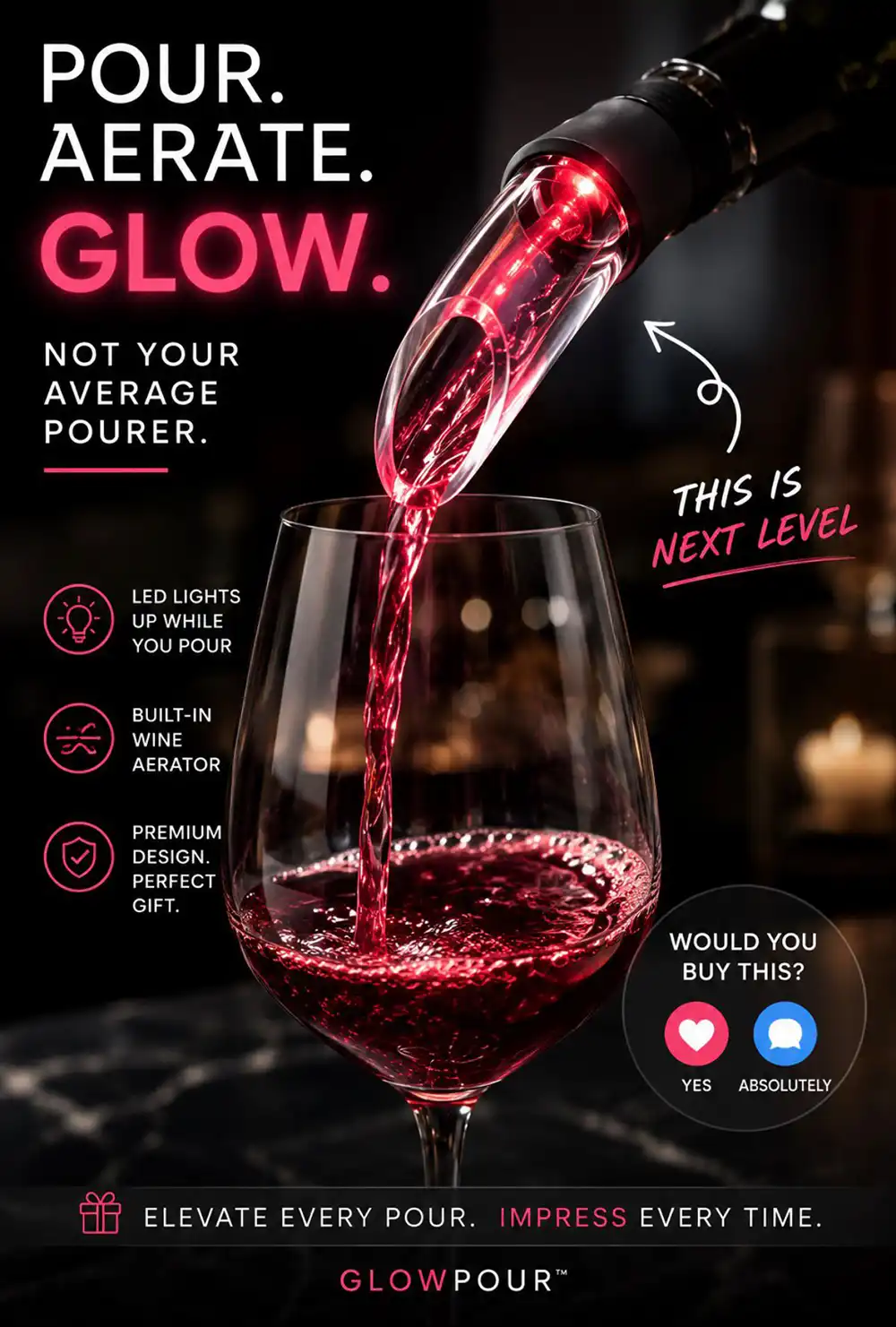 GlowPour illuminated wine aerator creating an elegant glowing pour